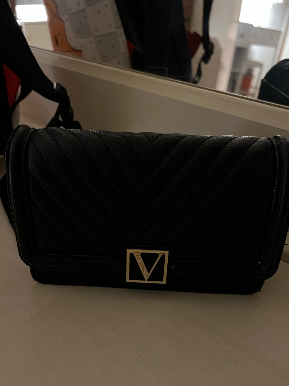 Victoria's Secret Black Quilted Crossbody with Gold V Emblem